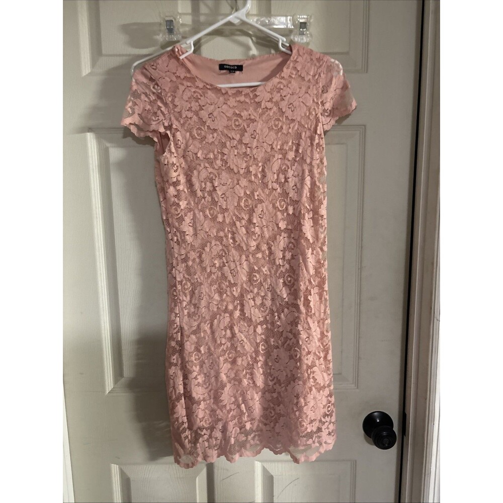 ODCOCD Pink Lace Floral Sheath Dress Knee Length Round Neck Cap Sleeve XS